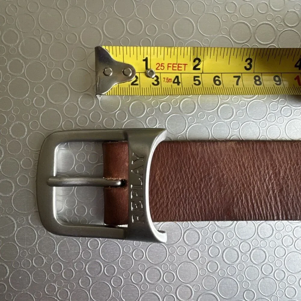 Replay Italian Leather Studded Belt Engraved Buckle Y2K Rocker - Size 100 US 38